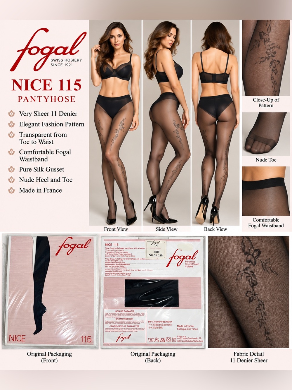 Vintage Fogal Nice 115 Pantyhose M Noir Black 11 Den Sheer Silk Gusset France